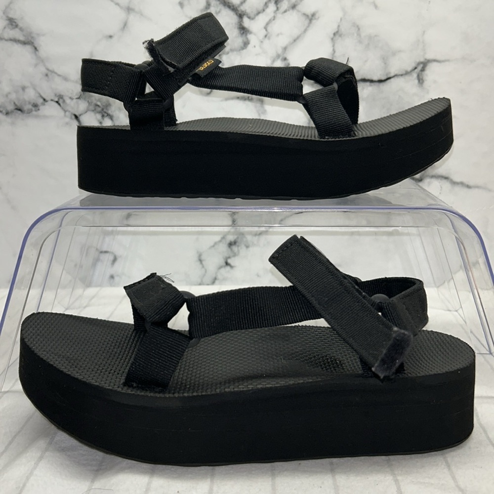 Teva Black Sandals with Gold Logo Flatform Universal Sandal - Picture 3 of 10